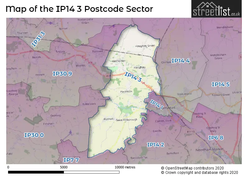 Map of the IP14 3 and surrounding postcode sector