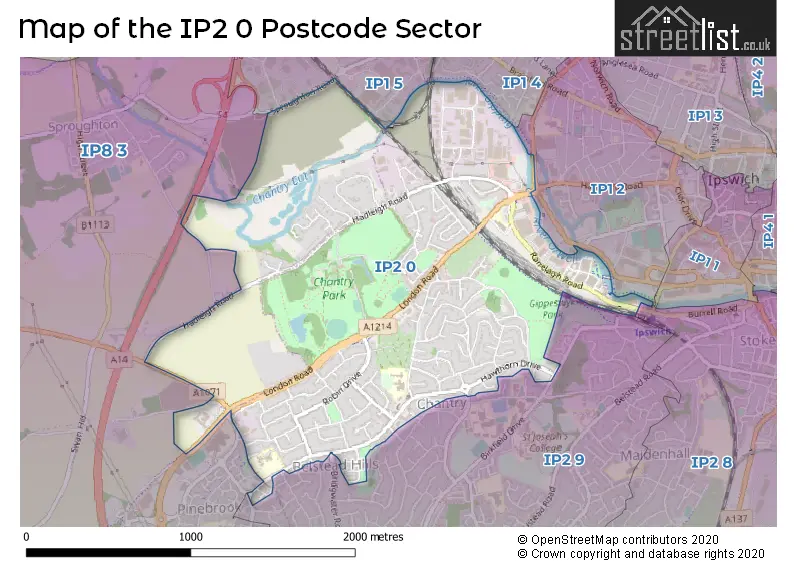 Map of the IP2 0 and surrounding postcode sector