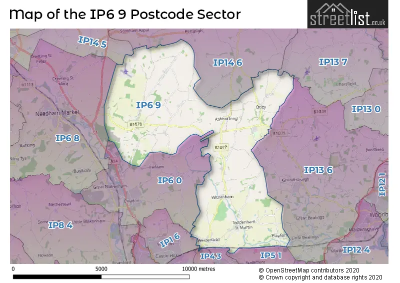 Map of the IP6 9 and surrounding postcode sector