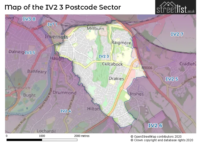 Map of the IV2 3 and surrounding postcode sector