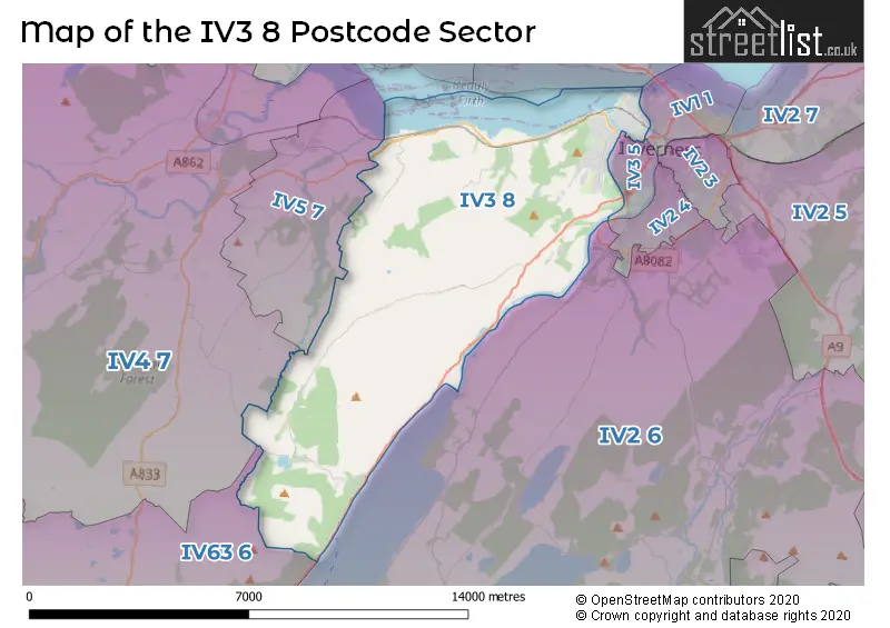 Map of the IV3 8 and surrounding postcode sector