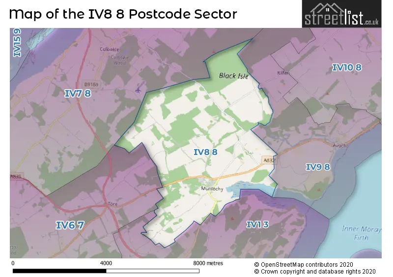 Map of the IV8 8 and surrounding postcode sector