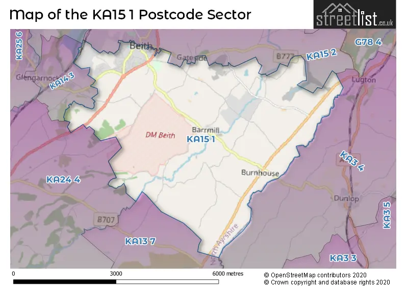 Map of the KA15 1 and surrounding postcode sector