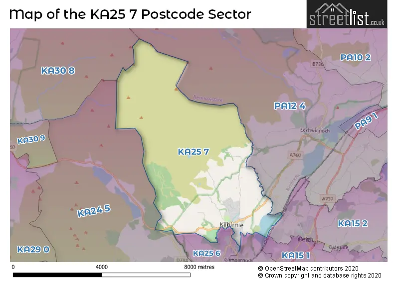 Map of the KA25 7 and surrounding postcode sector