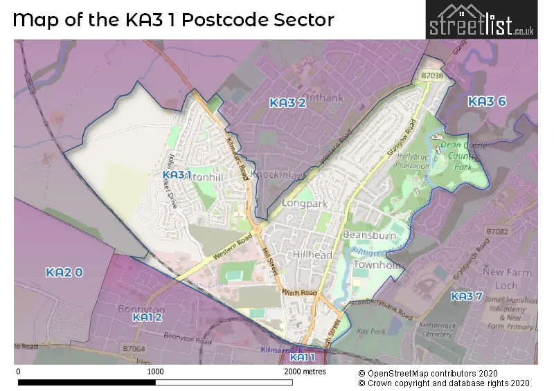 Map of the KA3 1 and surrounding postcode sector