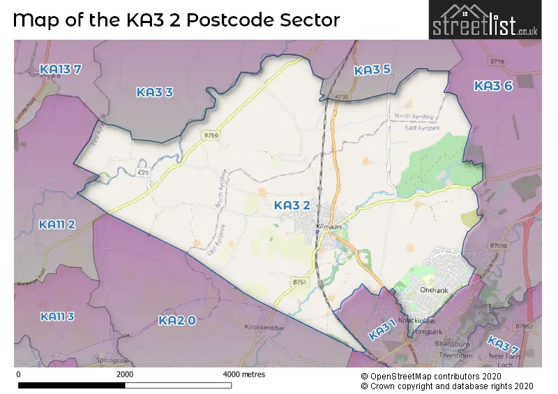 Map of the KA3 2 and surrounding postcode sector