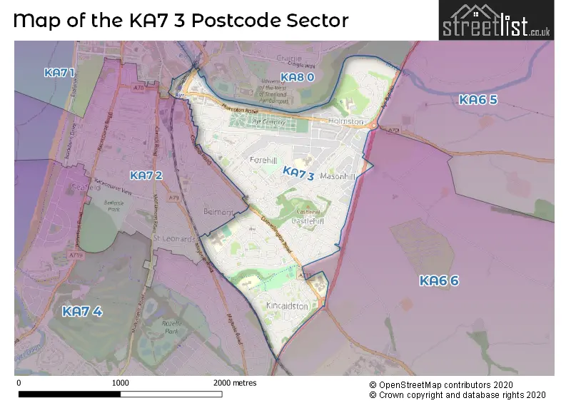 Map of the KA7 3 and surrounding postcode sector