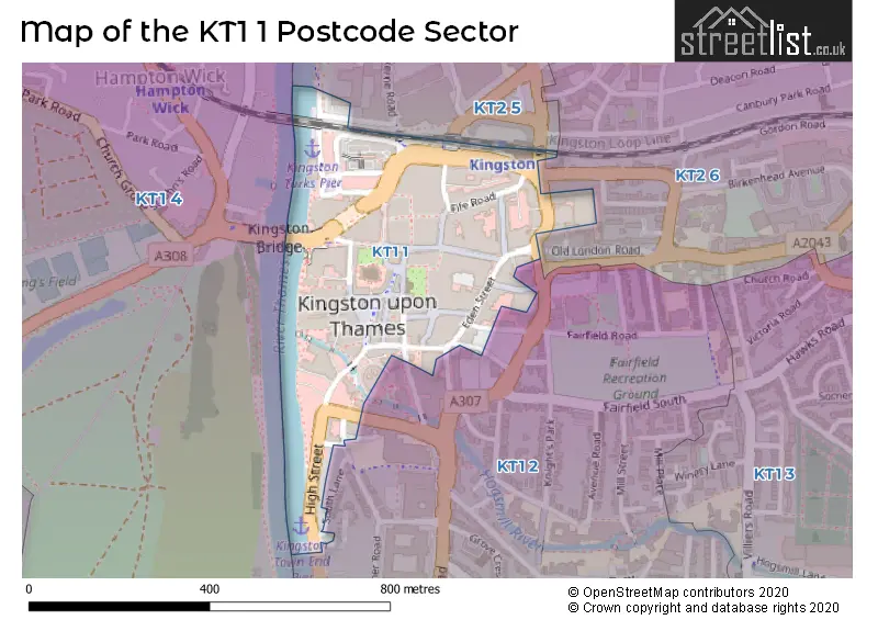 Map of the KT1 1 and surrounding postcode sector