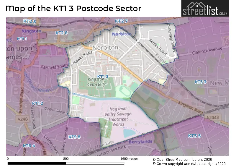 Map of the KT1 3 and surrounding postcode sector