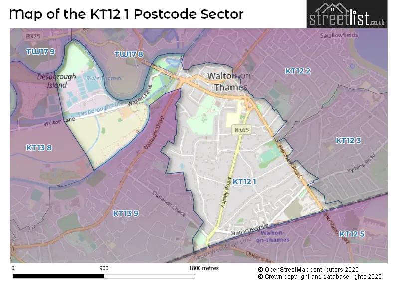 Map of the KT12 1 and surrounding postcode sector