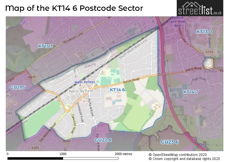 Map of the KT14 6 and surrounding postcode sector