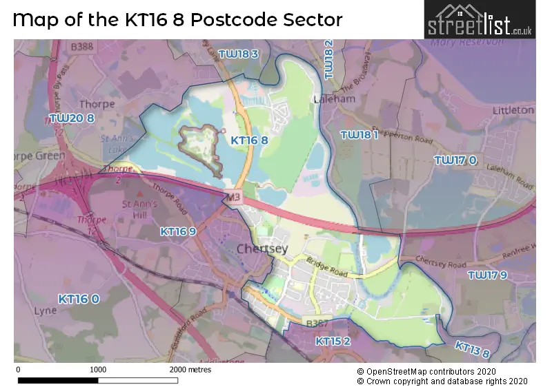 Map of the KT16 8 and surrounding postcode sector