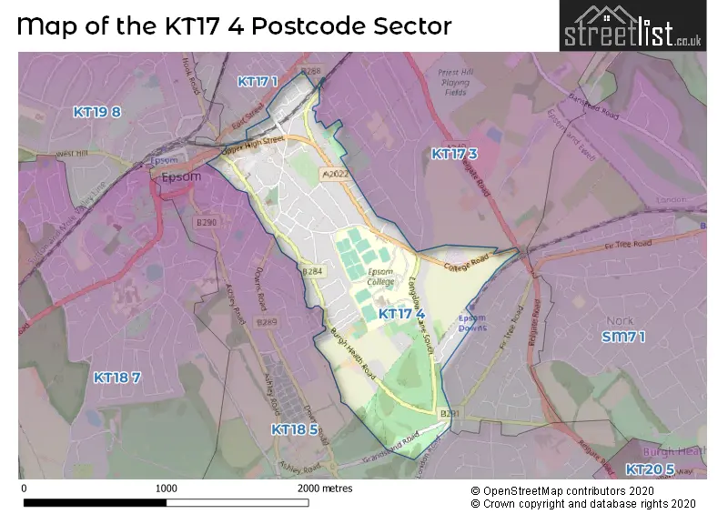 Map of the KT17 4 and surrounding postcode sector