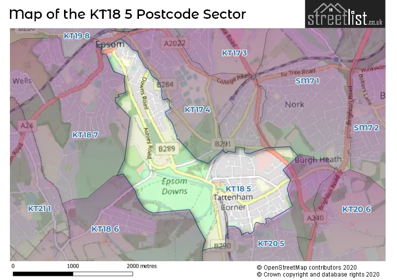 Map of the KT18 5 and surrounding postcode sector