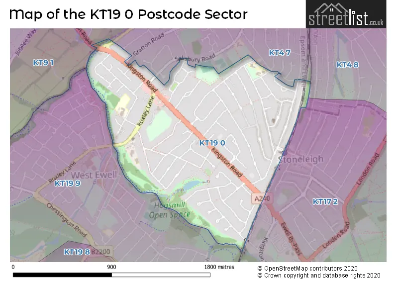 Map of the KT19 0 and surrounding postcode sector