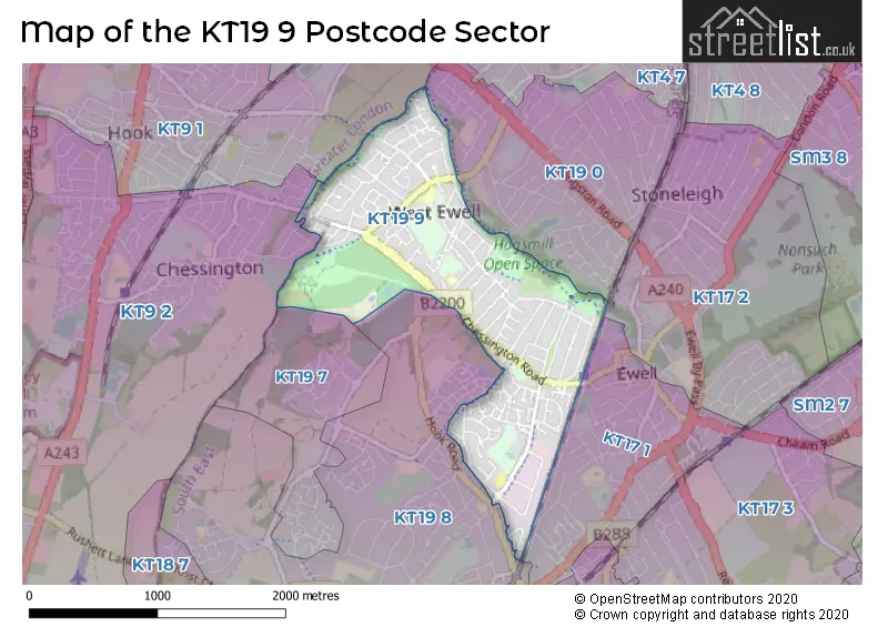 Map of the KT19 9 and surrounding postcode sector