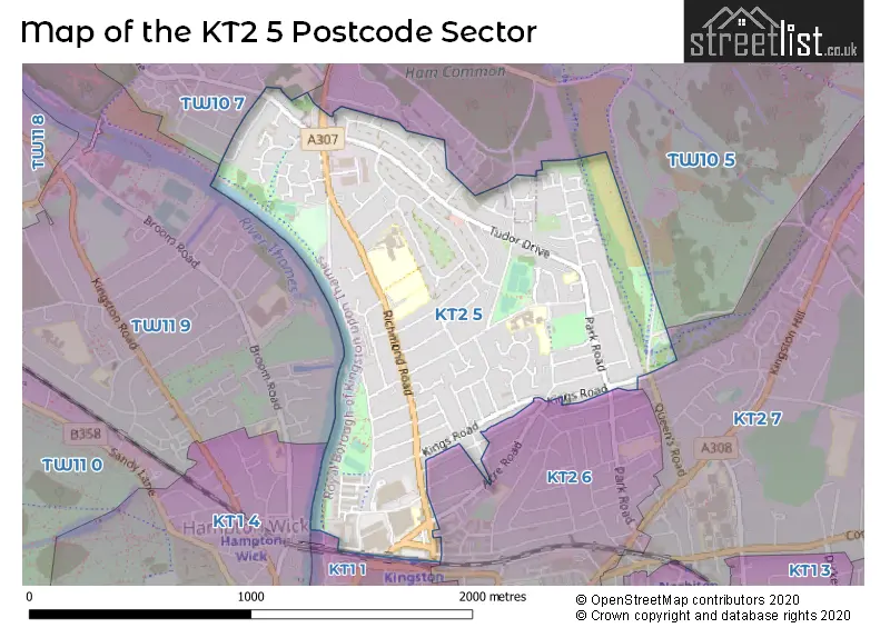 Map of the KT2 5 and surrounding postcode sector