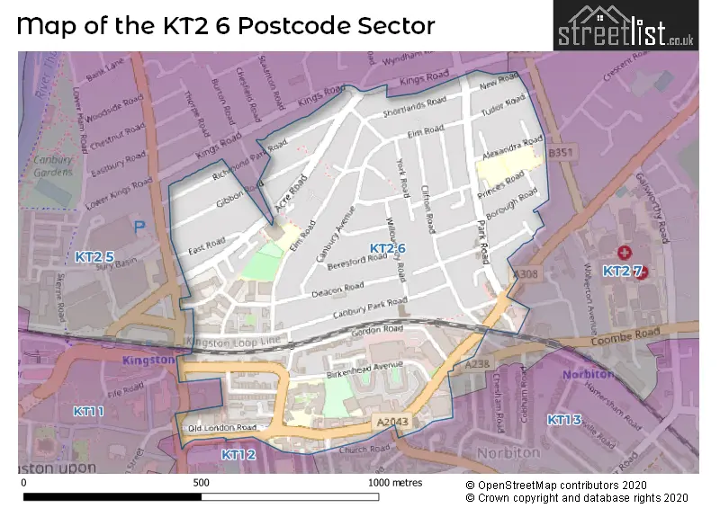 Map of the KT2 6 and surrounding postcode sector