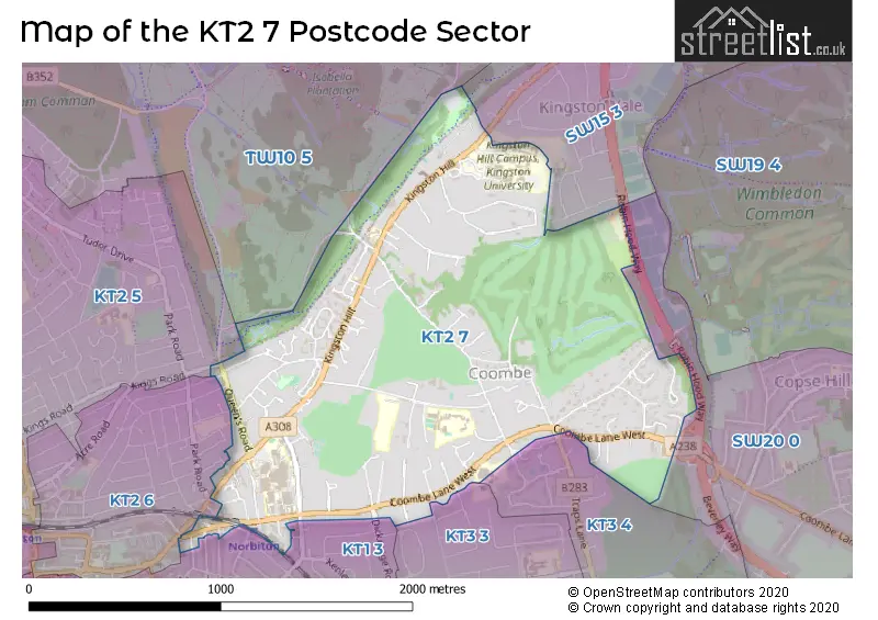 Map of the KT2 7 and surrounding postcode sector