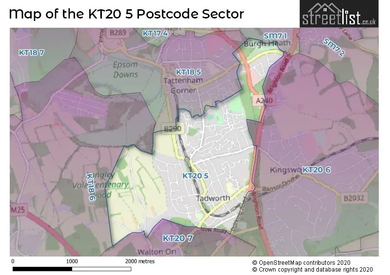 Map of the KT20 5 and surrounding postcode sector