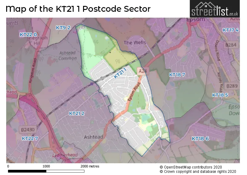 Map of the KT21 1 and surrounding postcode sector