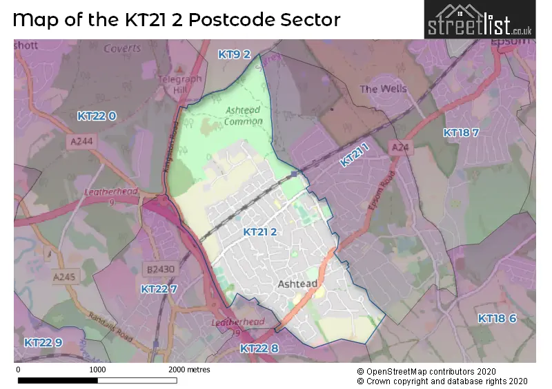 Map of the KT21 2 and surrounding postcode sector