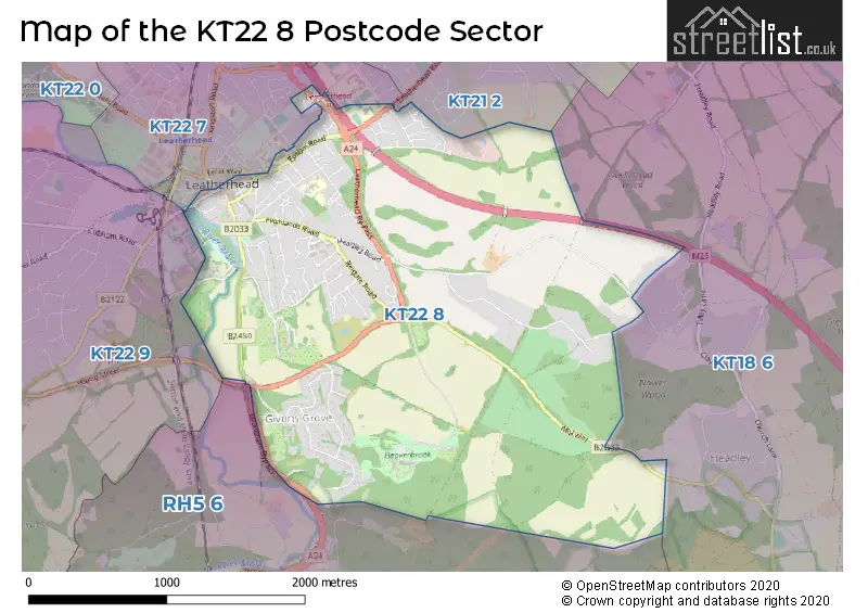 Map of the KT22 8 and surrounding postcode sector