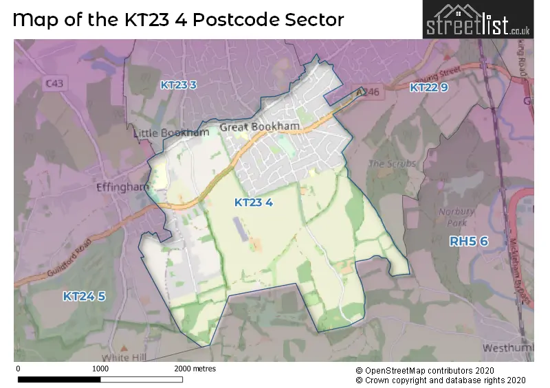 Map of the KT23 4 and surrounding postcode sector