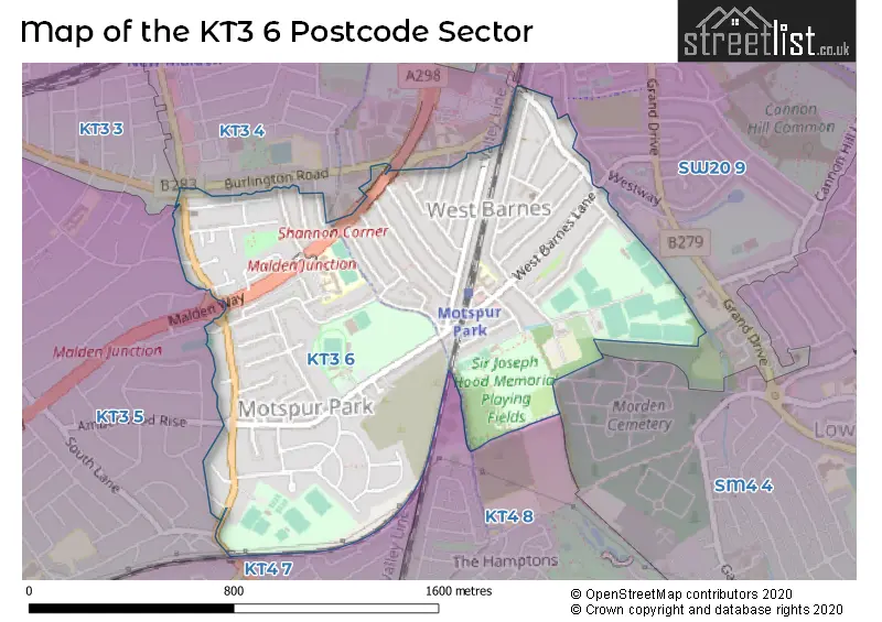 Map of the KT3 6 and surrounding postcode sector