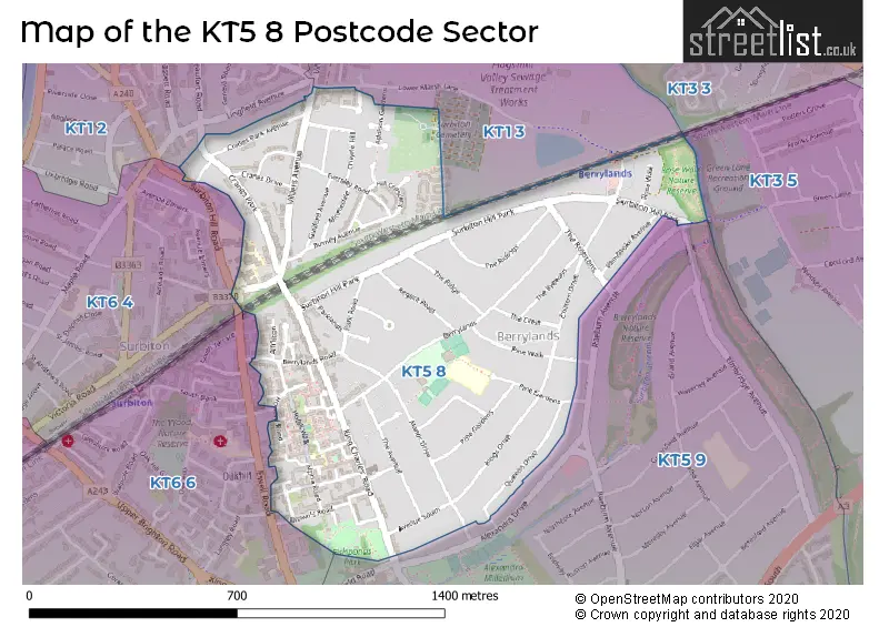 Map of the KT5 8 and surrounding postcode sector
