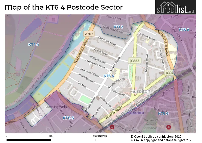 Map of the KT6 4 and surrounding postcode sector
