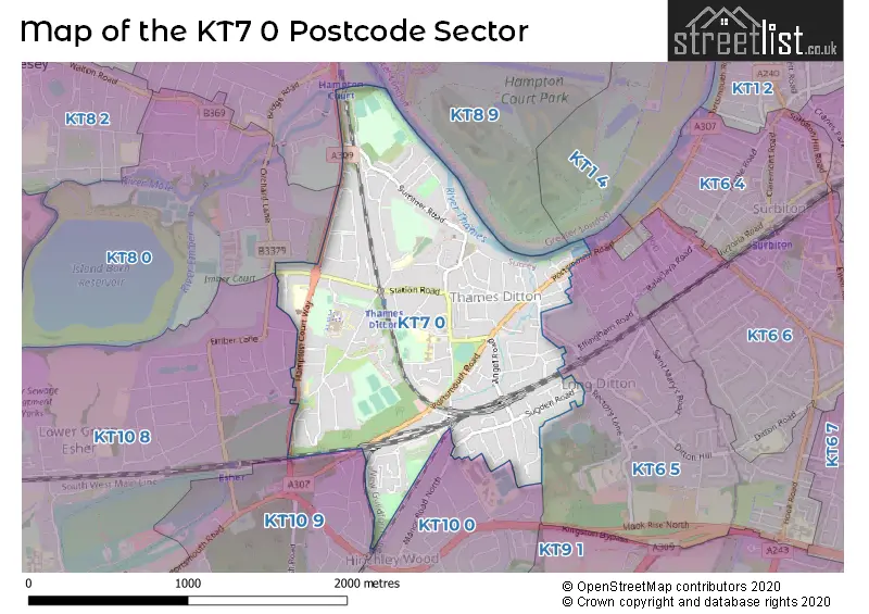 Map of the KT7 0 and surrounding postcode sector