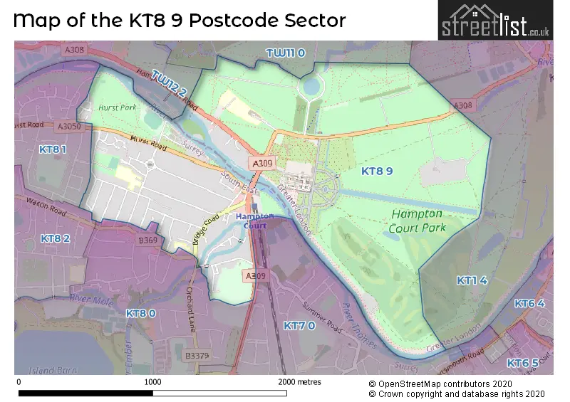 Map of the KT8 9 and surrounding postcode sector