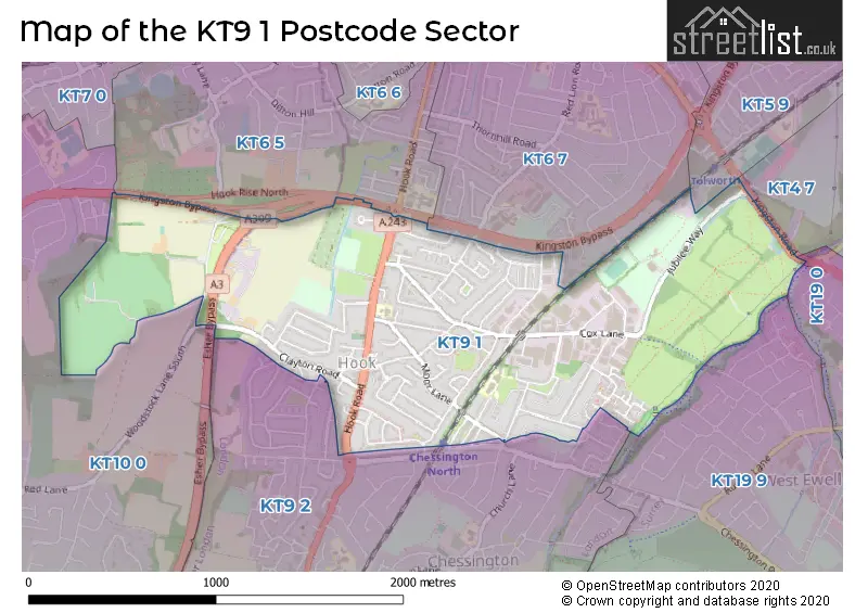 Map of the KT9 1 and surrounding postcode sector