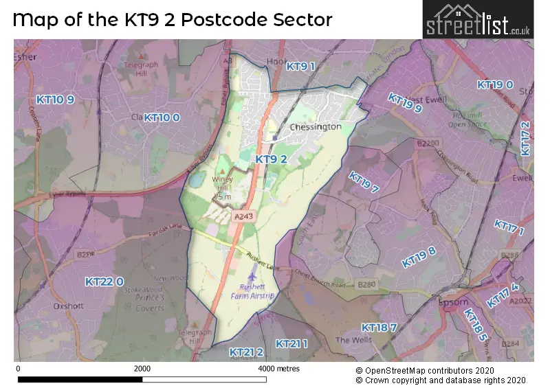 Map of the KT9 2 and surrounding postcode sector