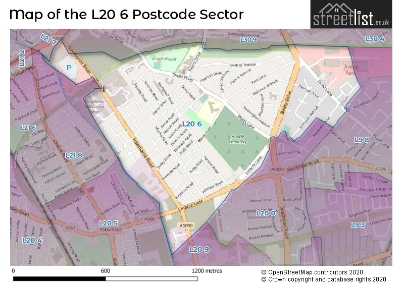 Map of the L20 6 and surrounding postcode sector