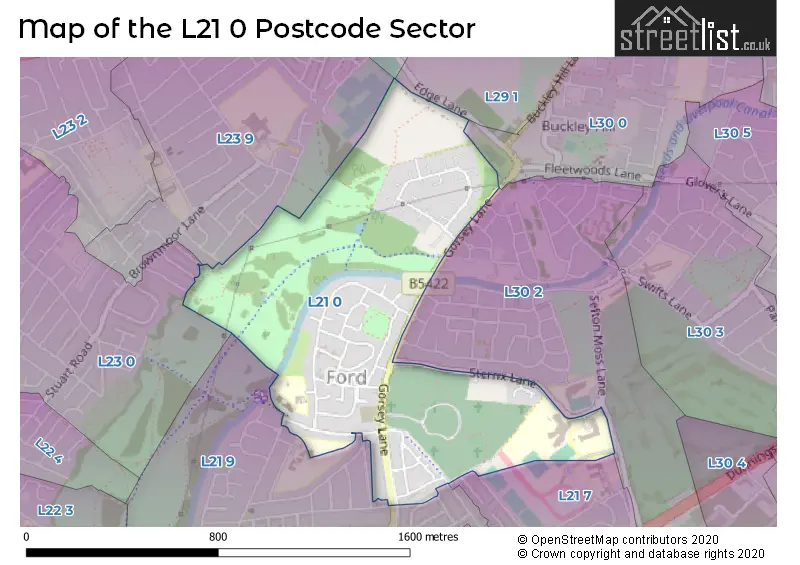 Map of the L21 0 and surrounding postcode sector