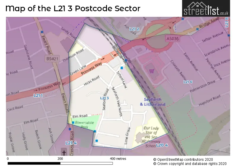 Map of the L21 3 and surrounding postcode sector