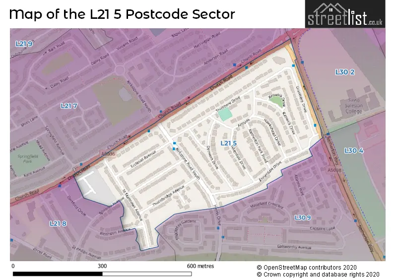 Map of the L21 5 and surrounding postcode sector