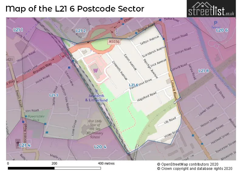 Map of the L21 6 and surrounding postcode sector