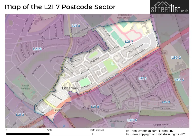 Map of the L21 7 and surrounding postcode sector