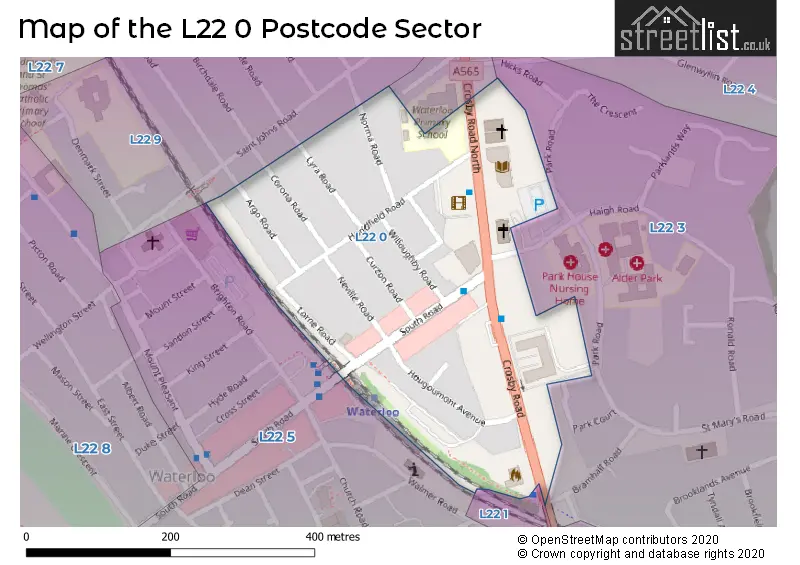 Map of the L22 0 and surrounding postcode sector