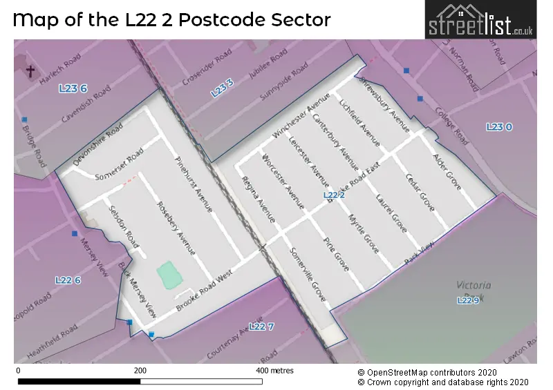 Map of the L22 2 and surrounding postcode sector