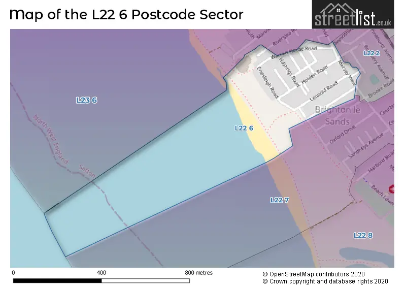 Map of the L22 6 and surrounding postcode sector