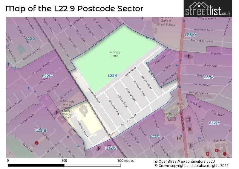 Map of the L22 9 and surrounding postcode sector