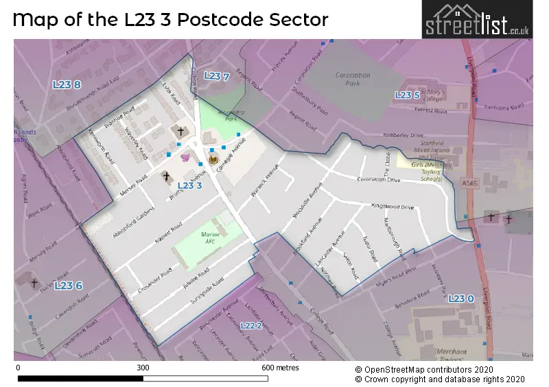 Map of the L23 3 and surrounding postcode sector