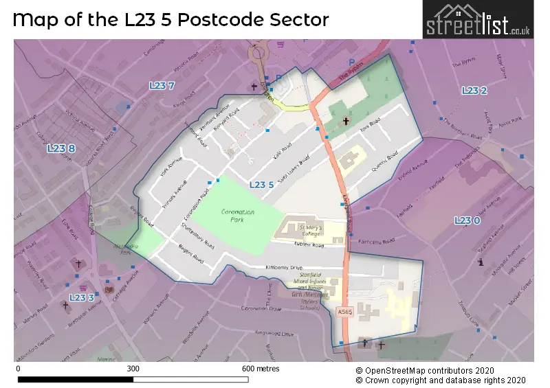 Map of the L23 5 and surrounding postcode sector