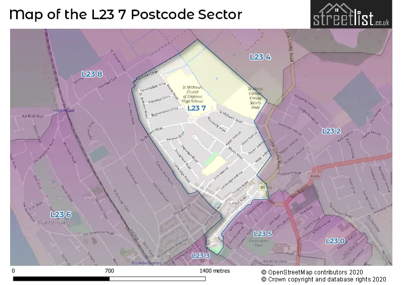 Map of the L23 7 and surrounding postcode sector