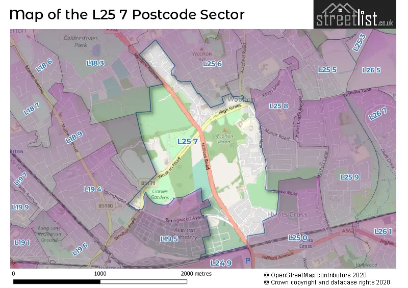 Map of the L25 7 and surrounding postcode sector