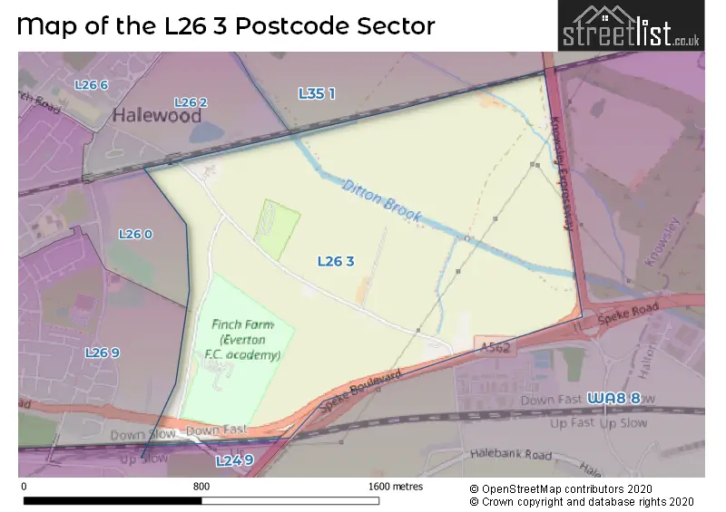 Map of the L26 3 and surrounding postcode sector